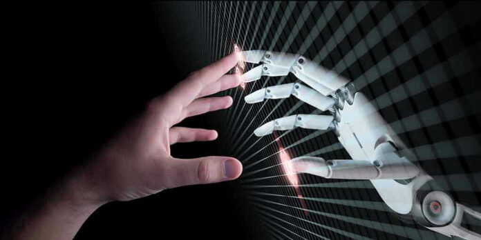 Human and robotic hands almost touching fingers