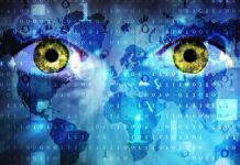 Abstract image featuring human eyes overlaid with binary code and a world map